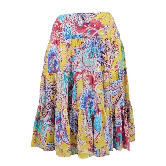 Lauren Ralph Lauren Linen Yellow Paisley Boho Teired Skirt Women's Petite Large - Picture 1 of 9